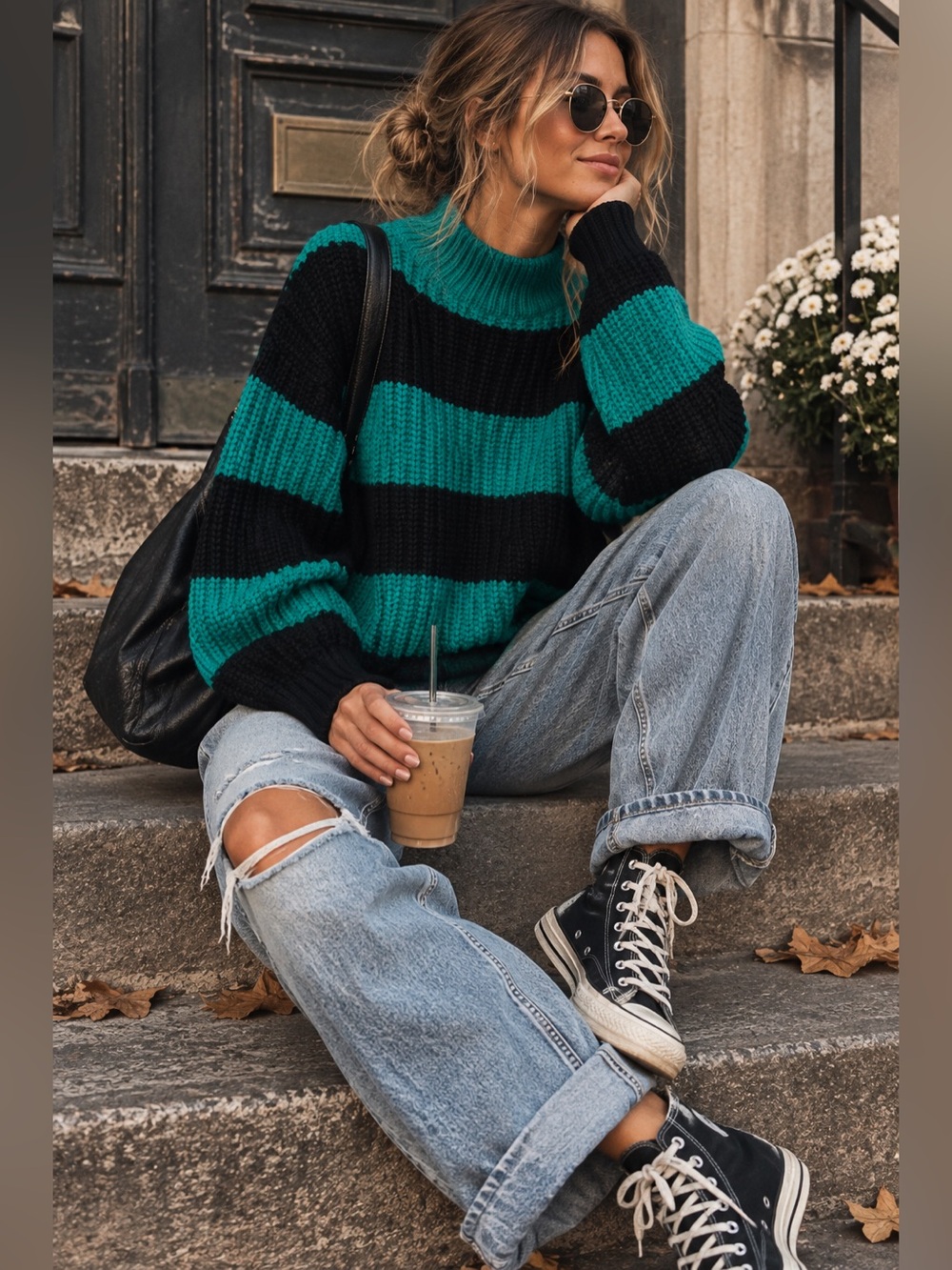 Vintage 90’s Junior Connection Green Black Striped Oversized Chunky Sweater L